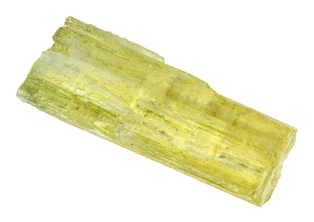 Heliodor - Goldberyll Ein länglicher, transparent gelber Kristall mit klaren Kanten.