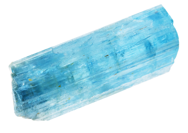 Aquamarin Blauer Kristall mit durchsichtiger, blockartiger Struktur.
