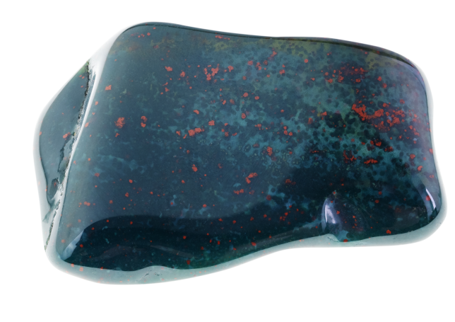 Heliotrop - Blutjaspis Ein glatter Stein mit dunkler Farbe und roten Einschlüssen.
