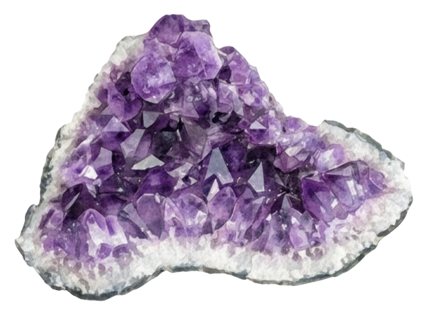 Amethyst - violetter Quarz Dunkelvioletter Amethyst mit klaren Kristallen und einer rauen, grauen Umrandung.
